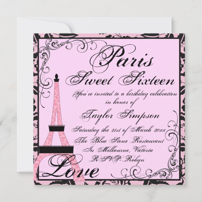 Pink/Black Paris Sweet16 Birthday Invite (Front)