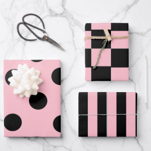 Pink & Black Patterns Stripes, Checkers, Polka Dot Wrapping Paper Sheet