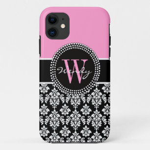 Pink Black Personalized Initial Damask Case-Mate iPhone Case
