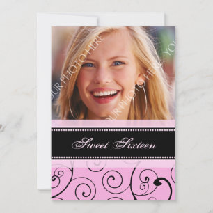 Pink Black Photo 16th Birthday Party Invitations