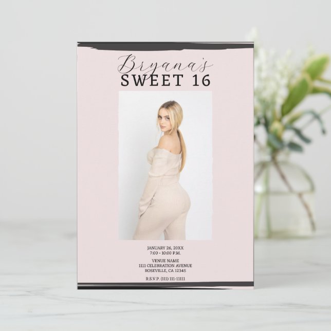 Pink & Black Photo Frame Trendy Modern Sweet 16 Invitation (Standing Front)