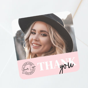 Pink Black Photo Logo Thank You Square Sticker