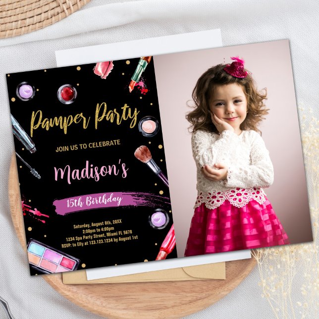 Pink Black Photo Pamper Party Birthday Invitations (Pink Black Photo Pamper Party Birthday Invitations)