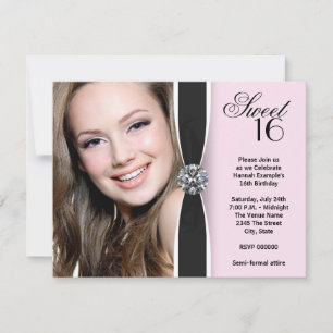 Pink Black Photo Sweet 16 Birthday Party Invitation