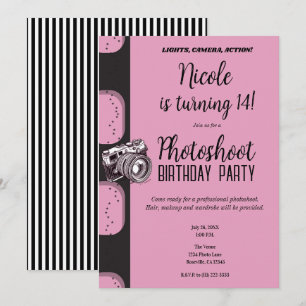 Pink Black Photoshoot Photography Birthday Party Invitation