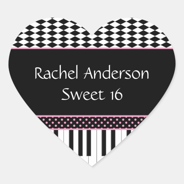 Pink Black Piano Theme Sweet 16 Birthday Heart Sticker (Front)