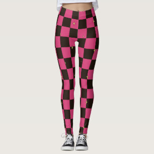 Pink & Black Plaid Leggings With Stars