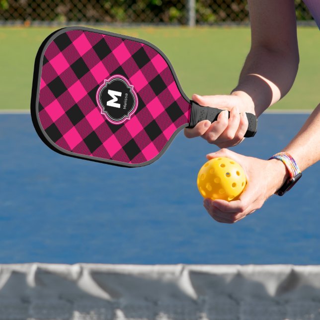 Pink Black Plaid Monogram Name Pickleball Paddle (Insitu)