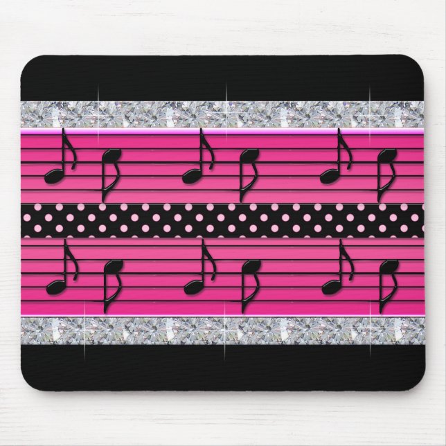 Pink & Black Polka Dot Diamonds & Musical Notes Mouse Pad (Front)