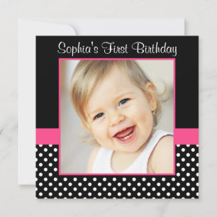 Pink Black Polka Dot Girl Photo 1st Birthday Party Invitation