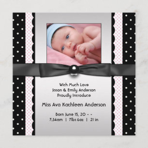 Pink Black Polka Dot Girl Photo Birth Announcement