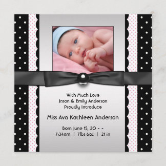 Pink Black Polka Dot Girl Photo Birth Announcement