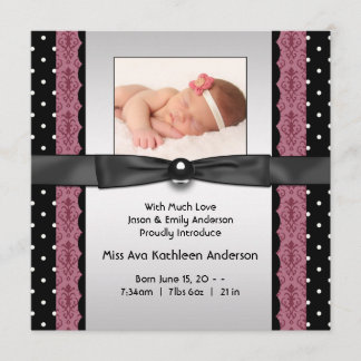 Pink Black Polka Dot Girl Photo Birth Announcement