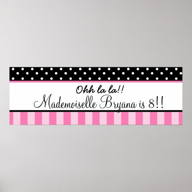 Pink & Black Polka Dot Paris Birthday Party Banner Poster (Front)