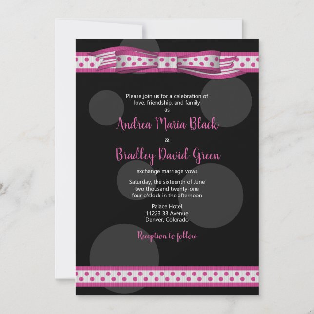 Pink Black Polka Dot Ribbon Wedding Invitation (Front)
