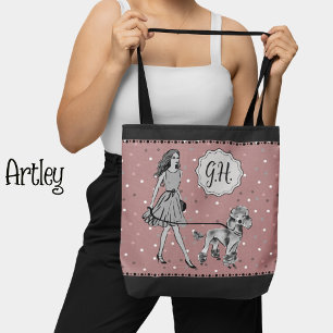Pink Black Polka Dot Woman Poodle Monogram Initial Tote Bag