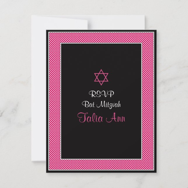 Pink & Black Polka Dots Bat Mitzvah Response Card (Front)