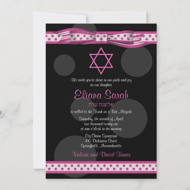 Pink Black Polka Dots Bow Bat Mitzvah Invitation (Front)