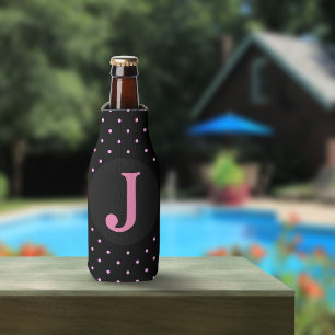 PINK BLACK POLKA DOTS CUSTOM INITIAL BOTTLE COOLER