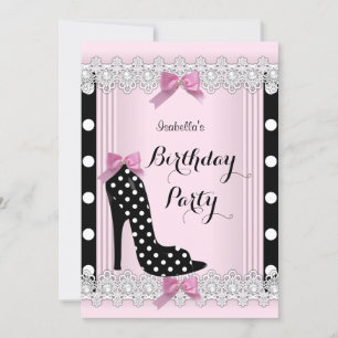Pink Black Polka Dots High Heel Birthday Party Invitation