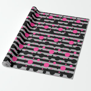Pink Black Polka Dots On Black Ash Grey Stripes Wrapping Paper