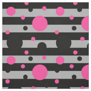 Pink Black Polka Dots On Black Grey Stripes Fabric