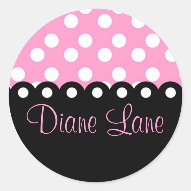 Pink & Black Polkadot Classic Round Sticker (Front)