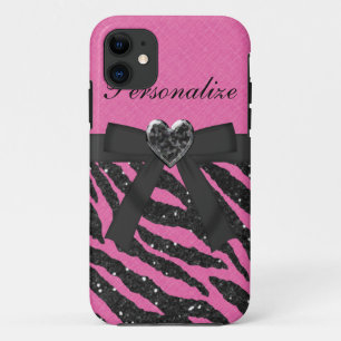 Pink & Black Printed Zebra Glitter & Bow Case-Mate iPhone Case