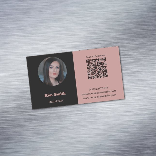 Pink & Black Profile Photo QR Code Magnetic Business Card (In Situ)