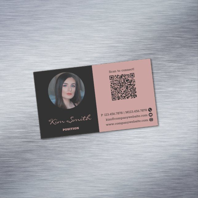 Pink & Black Profile Photo QR Code Magnetic Business Card (In Situ)