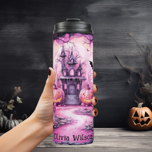 Pink Black, Pumpkins, Haunted House Personalized Thermal Tumbler