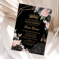 Pink Black Purple Roses Dress Gold Quinceañera XV