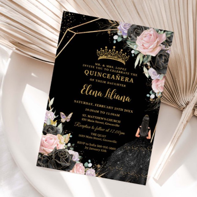 Pink Black Purple Roses Dress Gold Quinceañera XV Invitation (Creator Uploaded)