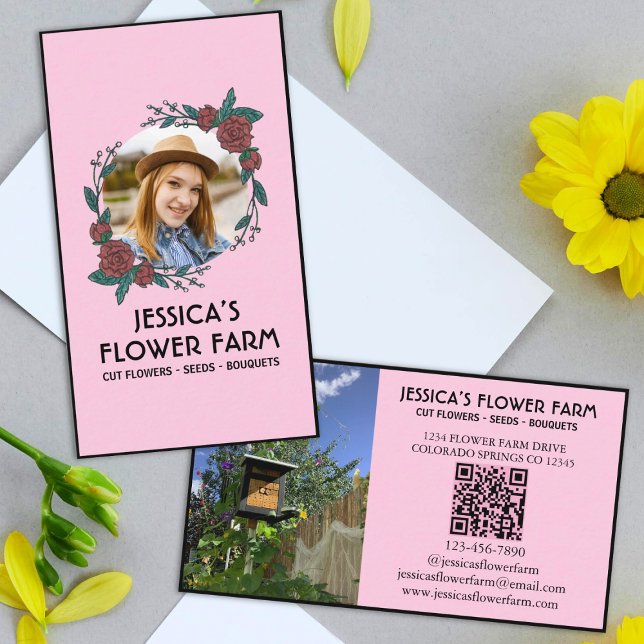 Pink & Black QR Code Professional 2 Photo Floral Business Card (Creator Uploaded)