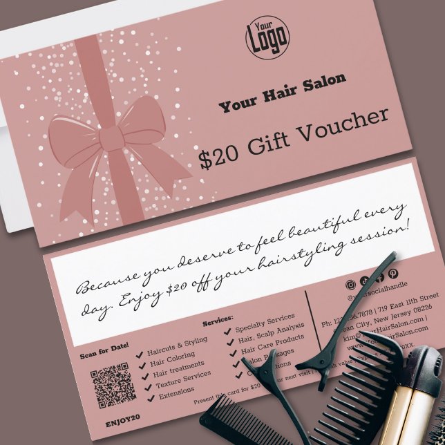 Pink Black QR Code Salon Note Gift Voucher Card (Pink Black QR Code Salon Note Gift Voucher Card, Ribbon)