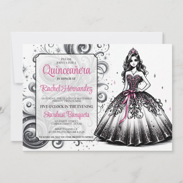 Pink & Black Quinceañera Girl Invitation (Front)