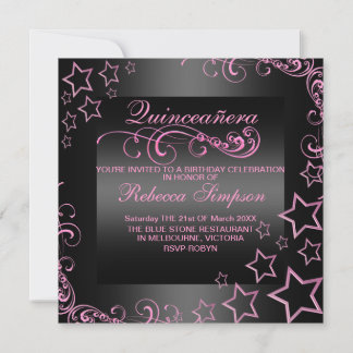 Pink/Black Quinceañera Star & Swirl Invite