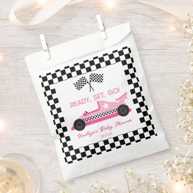 Pink Black Race Car Ready Set Go Baby Shower Favour Bags (Clipped)