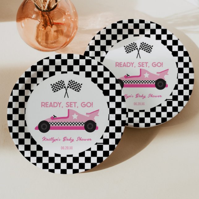 Pink Black Race Car Ready Set Go Baby Shower Paper Plate (Creator Uploaded)
