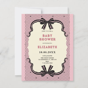 Pink black retro bow baby shower invitation