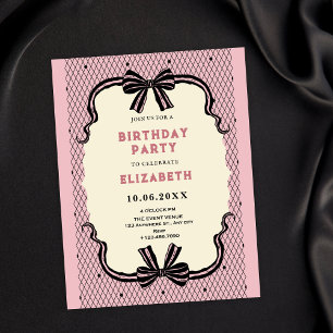Pink black retro bow birthday invitation
