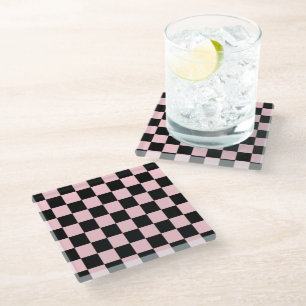Pink Black Retro Checks Chequerboard Pattern  Glass Coaster