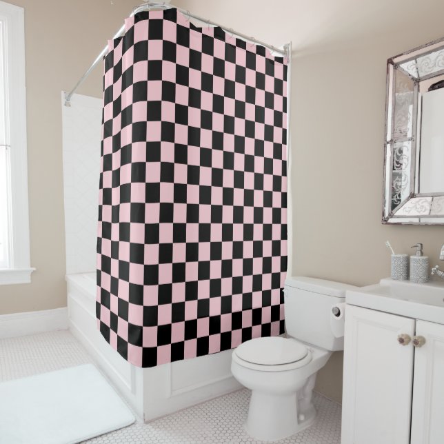 Pink Black Retro Checks Chequerboard Pattern    Shower Curtain (In Situ)