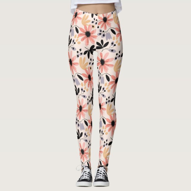 Pink Black Retro Flower  Leggings (Front)
