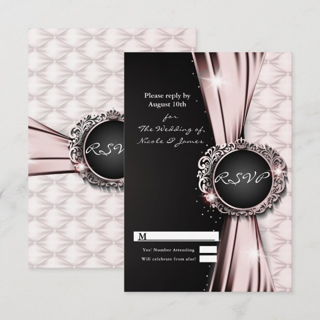 Pink Black Ribbon Glam Luxury Wedding RSVP Reply  Invitation (Front/Back)