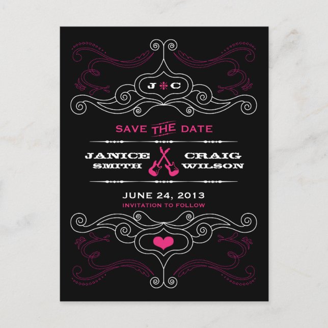 Pink & Black Rock 'n' Roll Music Themed Wedding Announcement Postcard (Front)