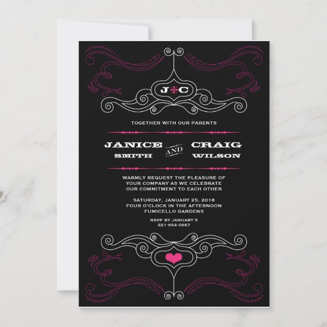 Pink & Black Rock 'n' Roll Music Themed Wedding Invitation (Front)