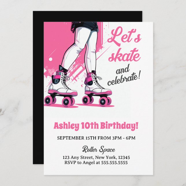 Pink & Black Roller Skate Skating Birthday Invitation (Front/Back)