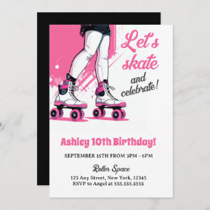 Pink & Black Roller Skate Skating Birthday Invitation