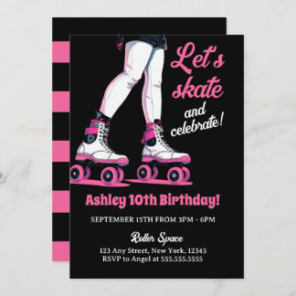 Pink & Black Rollerblade Skating Birthday Invitation